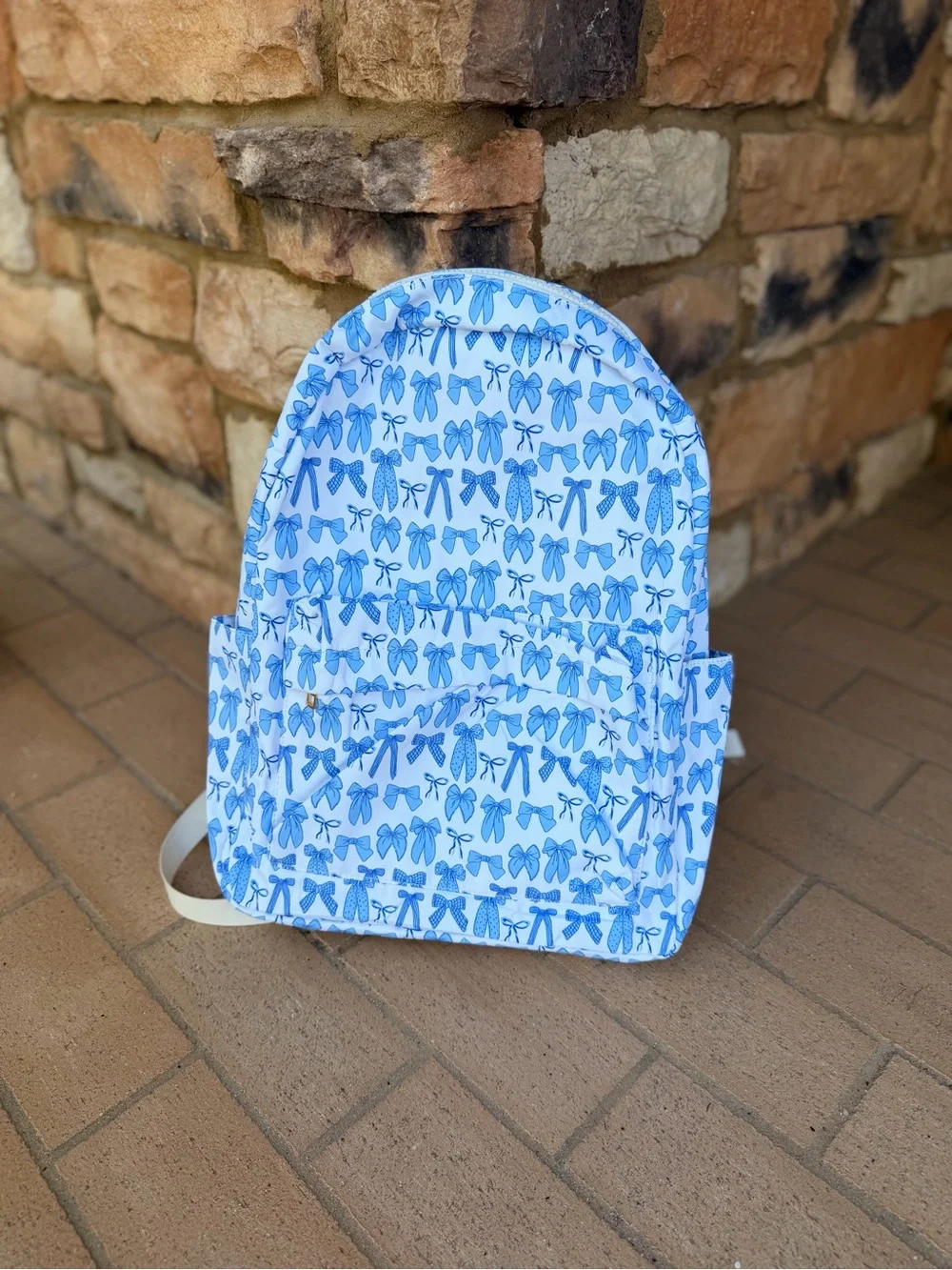 Blue Bow Print Backpack - White & Blue